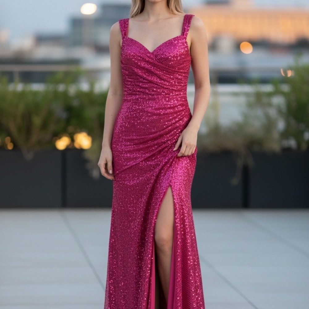 Sequined Fuchsia Prom Gown with Sweetheart Neckline